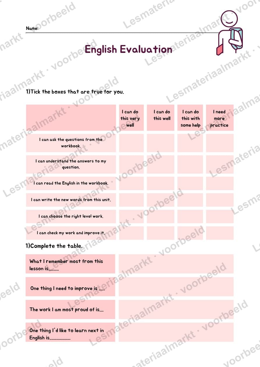 Preview 1 van Groep 6,7,8. Self evaluation forms on completion of a set of English lessons.